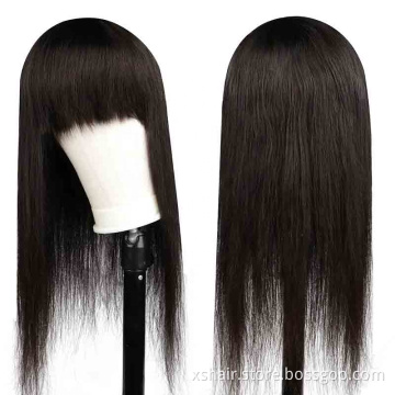 Straight machine made wig Body Wave Human Hair Wig With Bangs 100% indian human hair none lace wigs